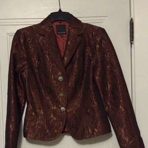 The limited maroon blazer with floral design and rhinestone buttons. Size 4